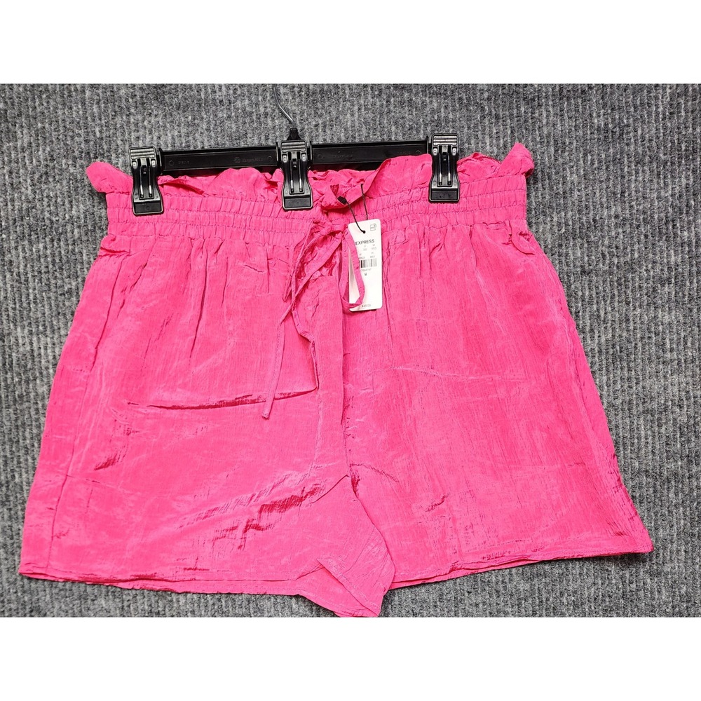 Express Womens Pink Smocked Paperbag Waist Textured Pull On Shorts Size M NEW